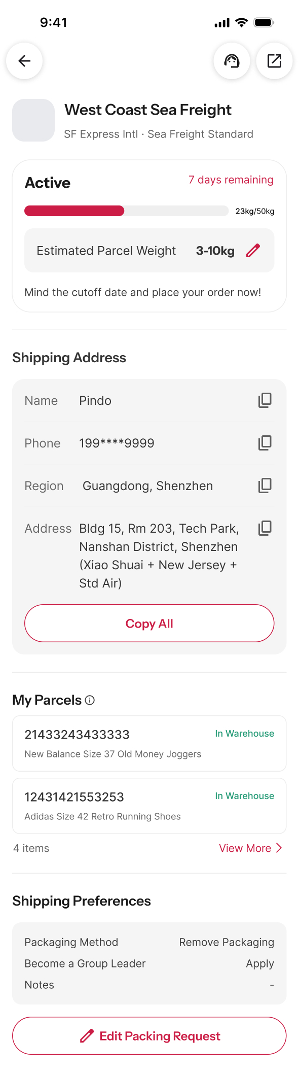 The top of a live pool screen: West Coast Sea Freight, SF Express International, Sea Freight Standard. A card marked Active with seven days remaining shows a progress bar reading 23 kilograms of 50, and directly under it a row reading Estimated Parcel Weight, 3 to 10 kilograms, with a pencil icon to edit it.