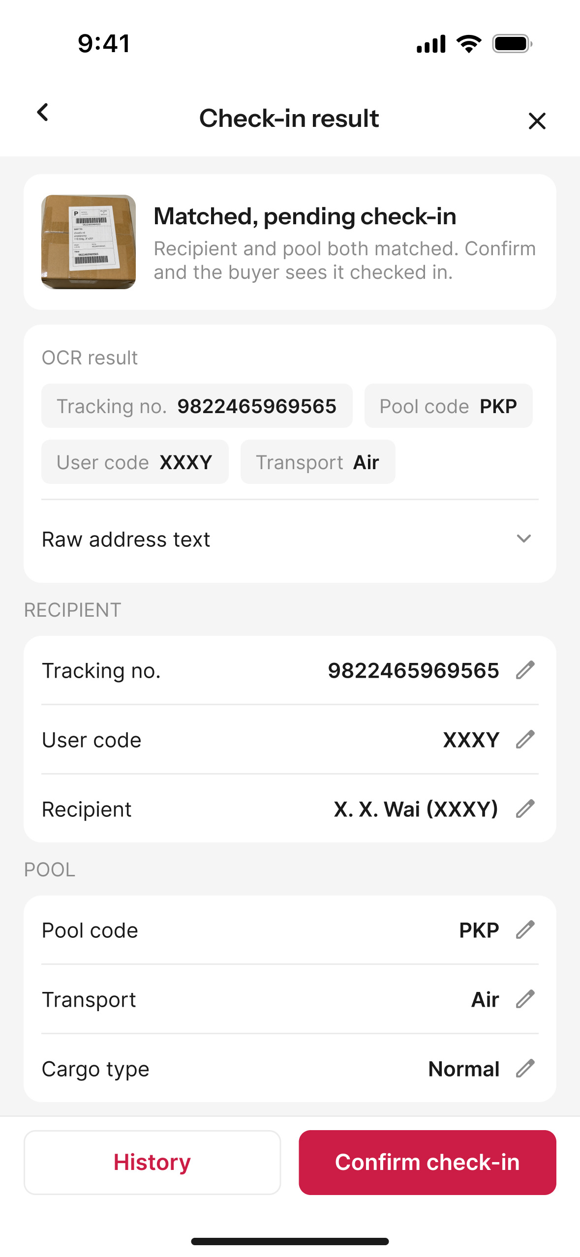 The check-in result screen, matched. Under the heading Matched, pending check-in, a line explains that recipient and pool both matched and that confirming shows the buyer it is checked in. The OCR result is broken into separate chips — tracking number, user code XXXY, transport air, pool code PKP, and the raw address text — above editable recipient and pool rows, a cargo type, and a confirm check-in button.