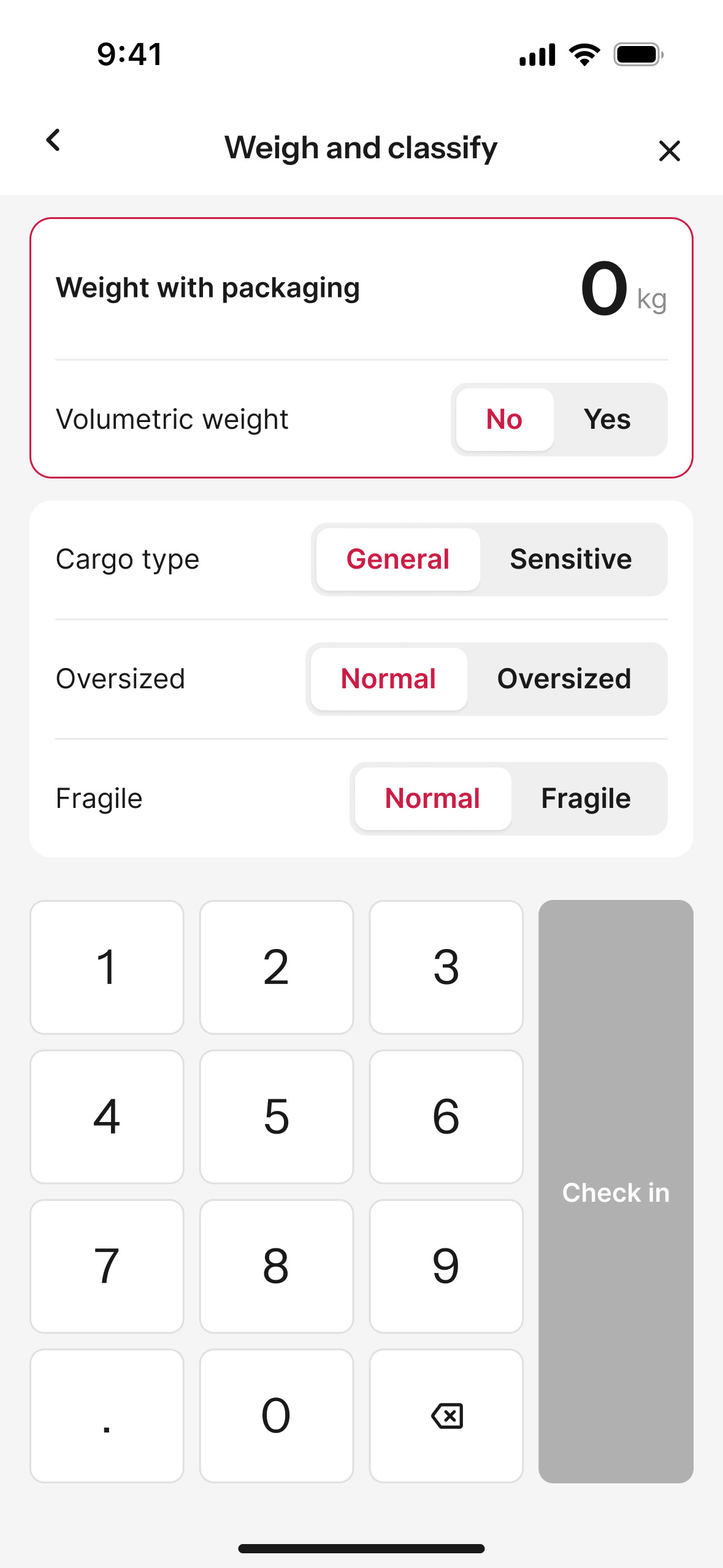 The weigh-and-classify screen. A weight-with-packaging field in kilograms sits above paired toggles for volumetric weight, cargo type general or sensitive, oversized or normal, and fragile or normal. A numeric keypad fills the lower half with a full-height check-in button down its right edge.
